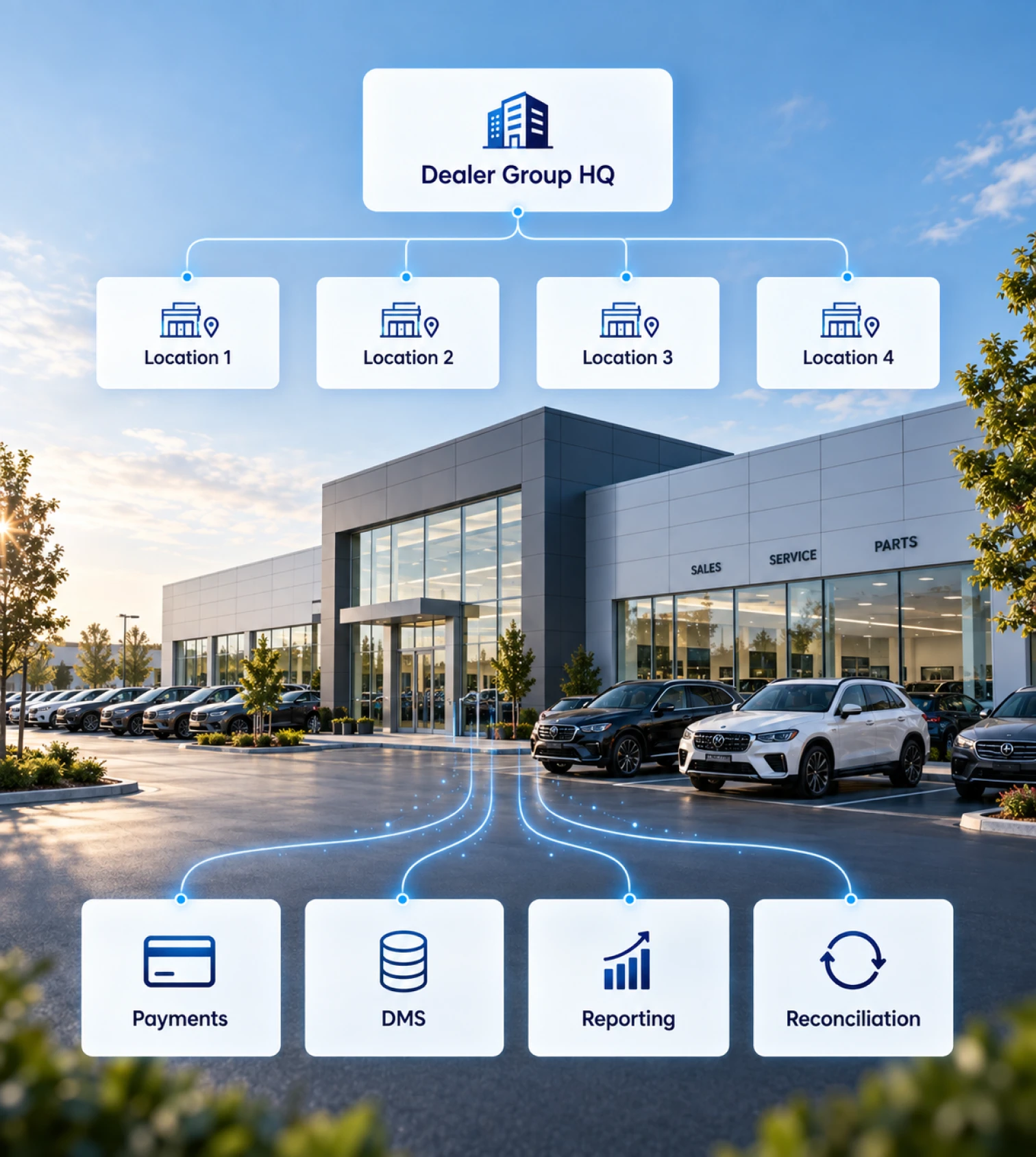 Dealer Group HQ connects four dealership locations with payments, DMS, reporting, and reconciliation.