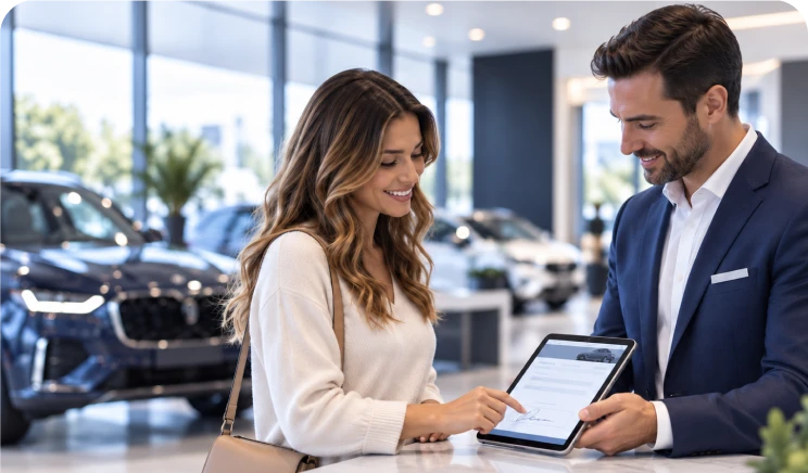 Customer and dealership representative reviewing a tablet