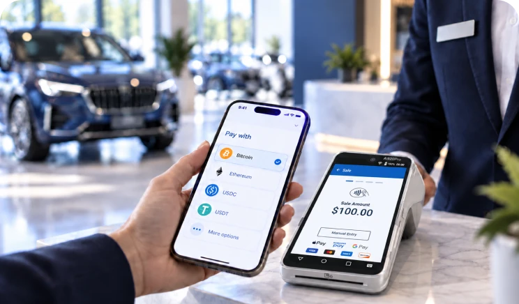 Customer paying with cryptocurrency on a phone at a dealership terminal