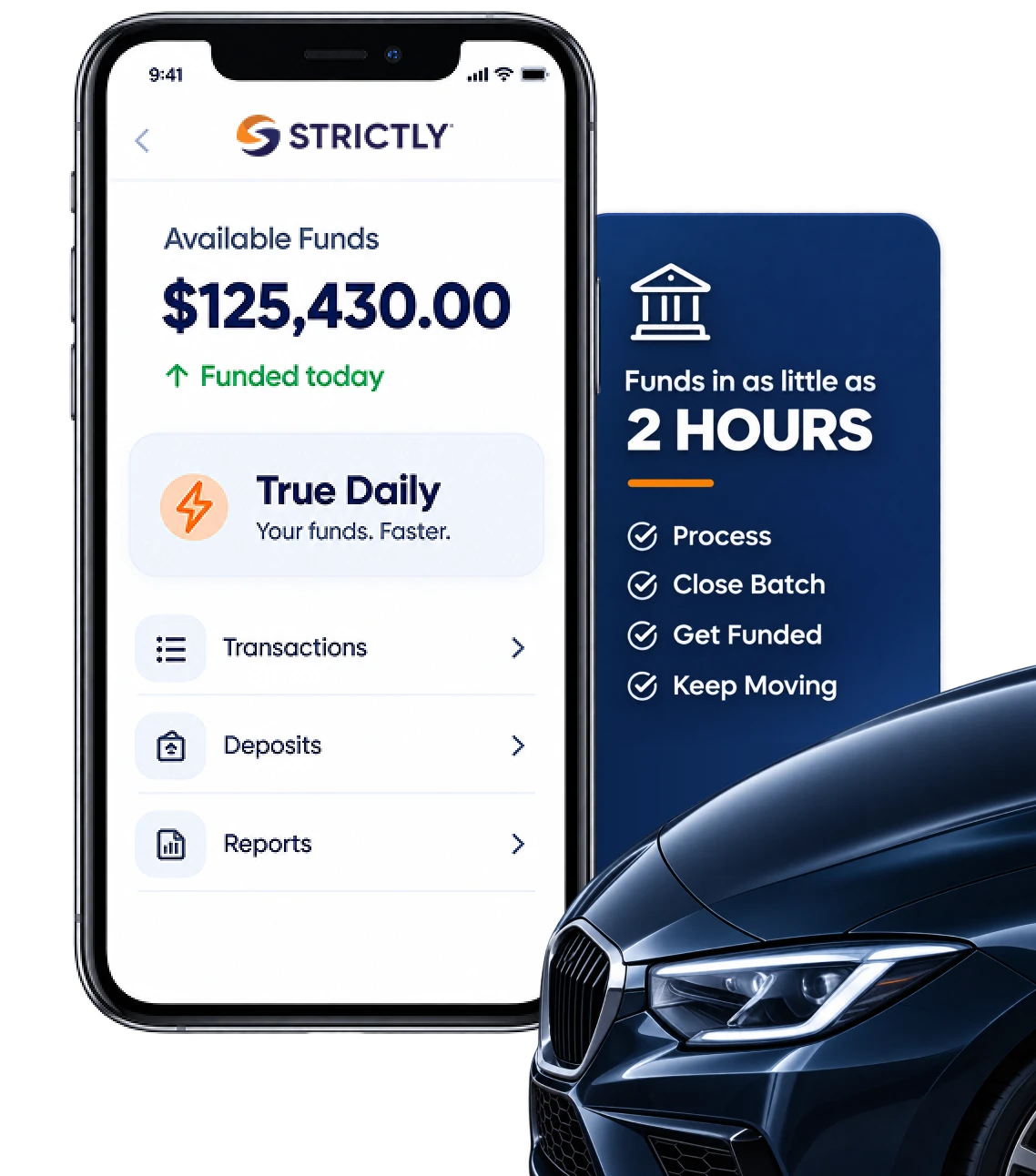 Strictly True Daily funding app with available funds, deposits, and reports